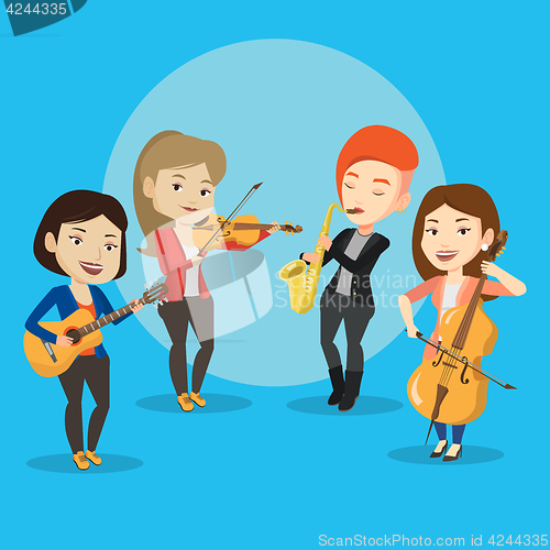 Image of Band of musicians playing on musical instruments.