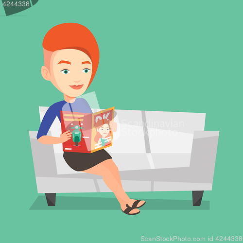 Image of Woman reading magazine on sofa vector illustration