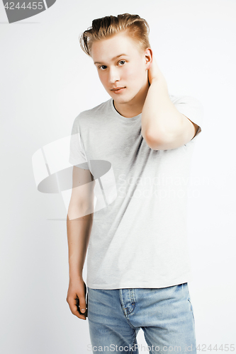Image of young handsome teenage hipster guy posing emotional, happy smiling against white background isolated, lifestyle people concept closeup