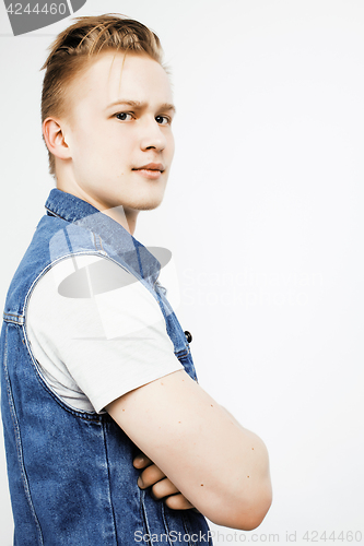 Image of young handsome teenage hipster guy posing emotional, happy smiling against white background isolated, lifestyle people concept closeup