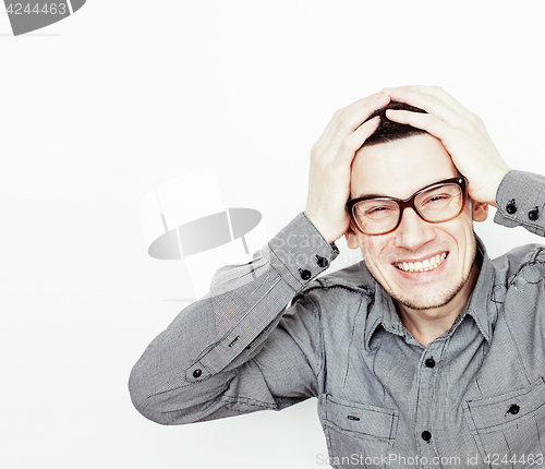 Image of young handsome asian man hipster in glasses on white background, lifestyle people concept closeup