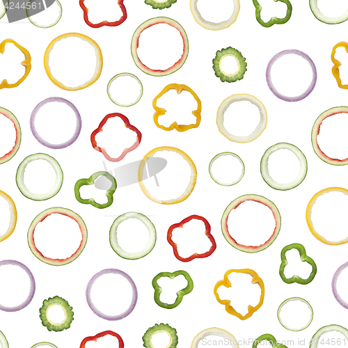 Image of Seamless pattern of assorted ring shaped fruit and vegetable pee