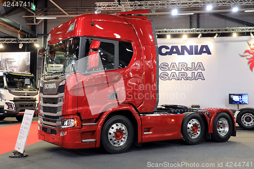 Image of Red Next Generation Scania R500 Truck on Display