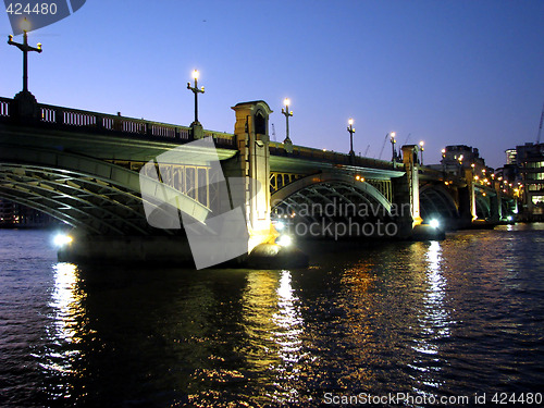 Image of Lighted bridge at dusk