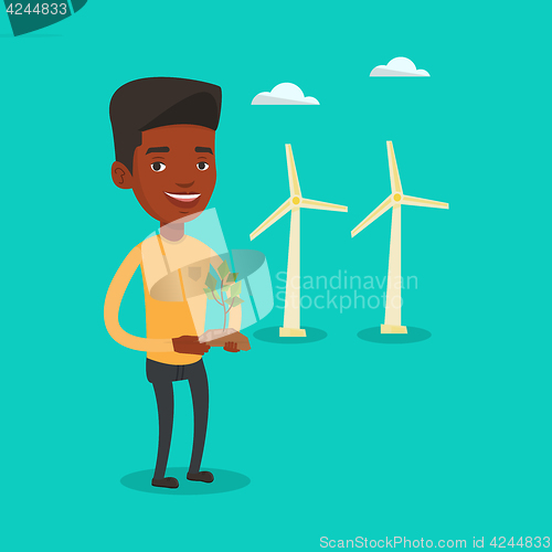 Image of Man holding green small plant vector illustration.