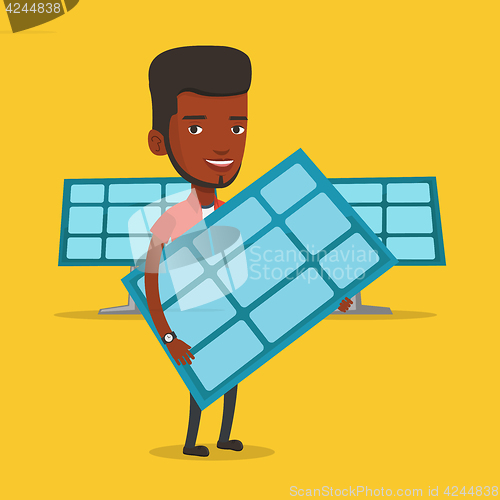 Image of Man holding solar panel vector illustration.