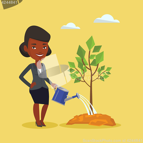 Image of Woman watering tree vector illustration.