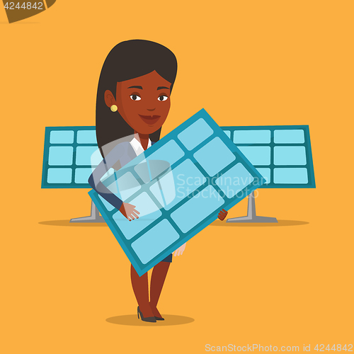 Image of Woman holding solar panel vector illustration.