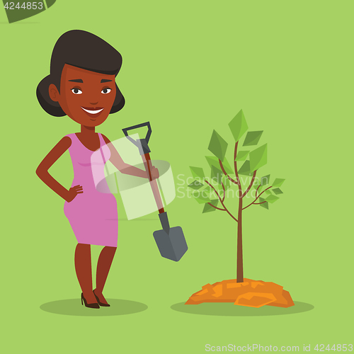 Image of Woman plants tree vector illustration.