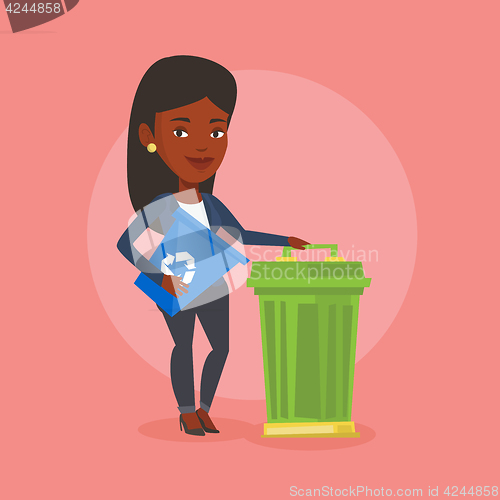 Image of Woman with recycle bin and trash can.