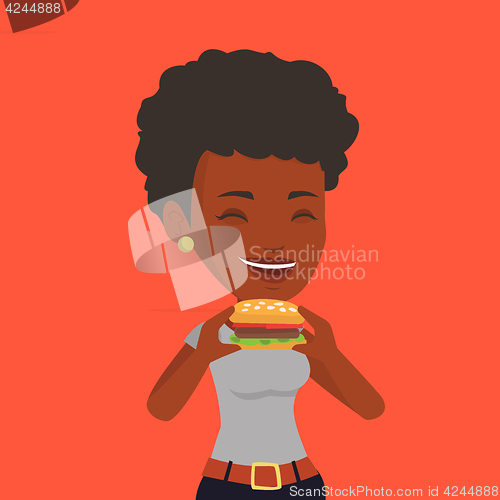 Image of Woman eating hamburger vector illustration.