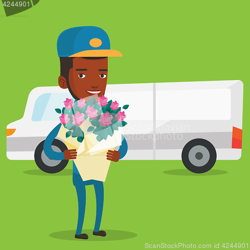 Image of Delivery courier holding bouquet of flowers.