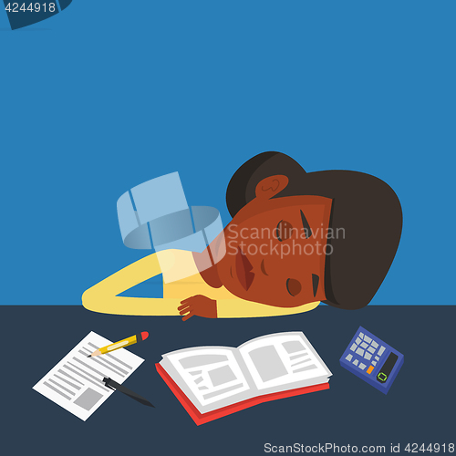 Image of Female student sleeping at the desk with book.