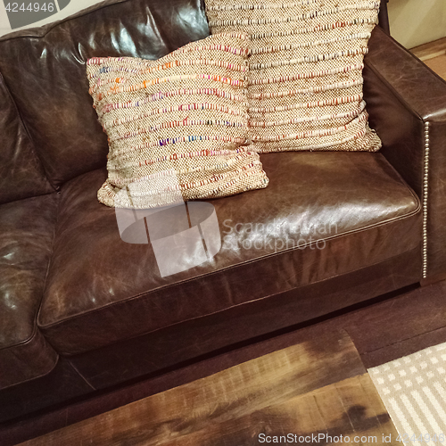 Image of Classic brown leather sofa with cushions