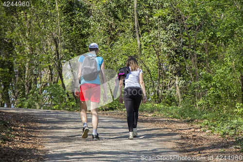 Image of Young woman and a young man walking in the woods