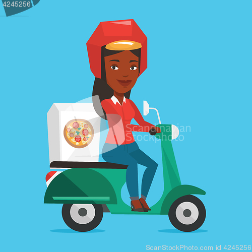 Image of Woman delivering pizza on scooter.