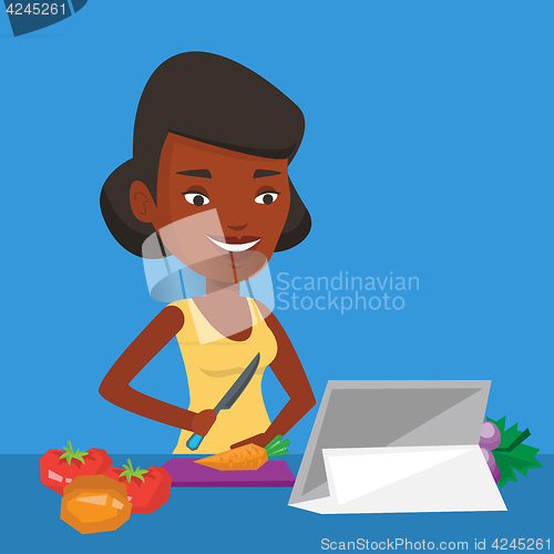 Image of Woman cooking healthy vegetable salad.