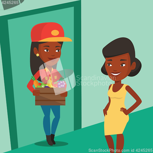 Image of Delivery courier delivering groceries to customer.