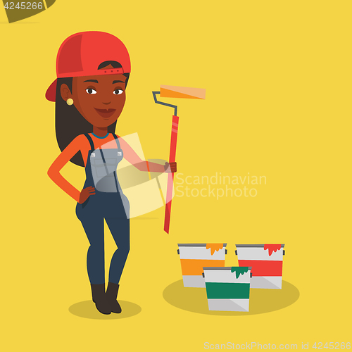 Image of Painter holding paint roller vector illustration.