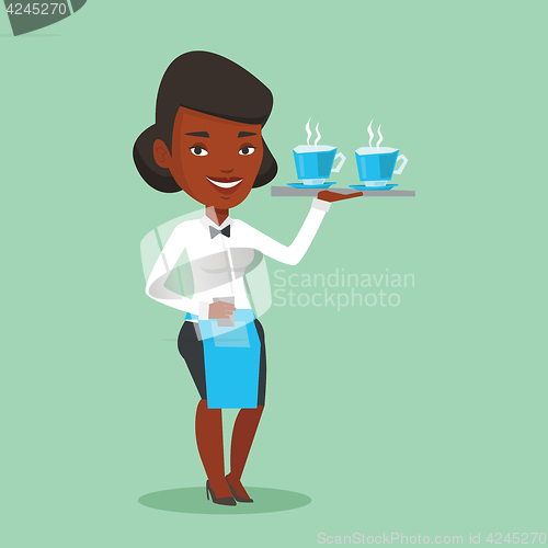 Image of Waitress holding tray with cups of coffeee or tea.