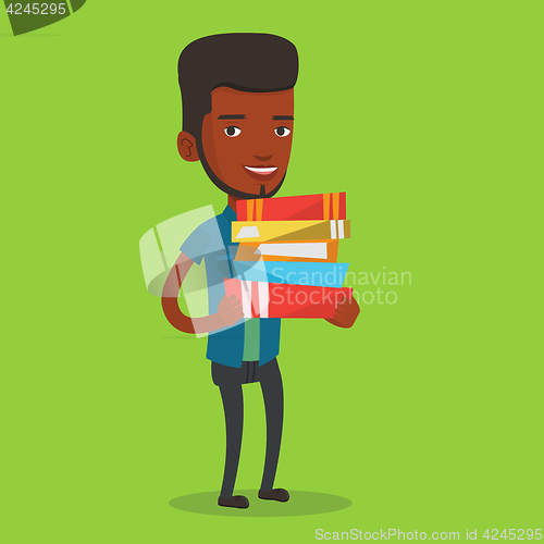 Image of Man holding pile of books vector illustration.