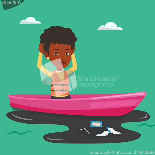 Image of Woman floating in a boat in polluted water.