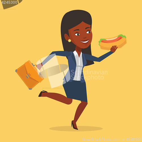 Image of Business woman eating hot dog vector illustration.