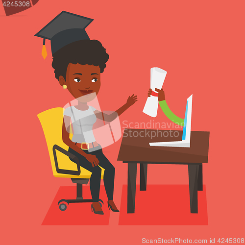 Image of Graduate getting diploma from the computer.