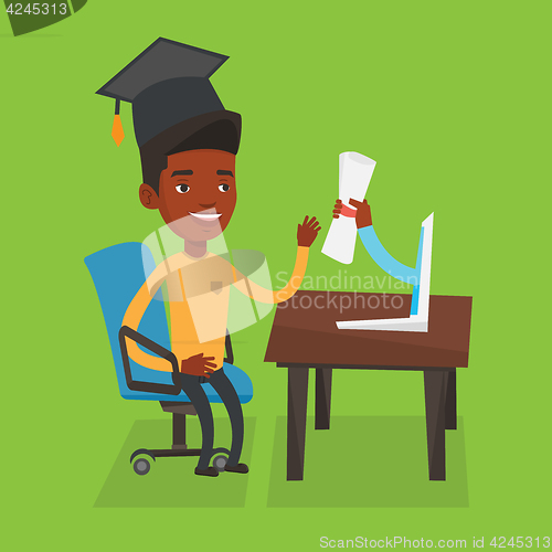 Image of Graduate getting diploma from the computer.