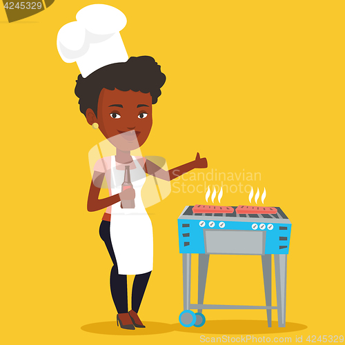 Image of Woman cooking steak on barbecue grill.