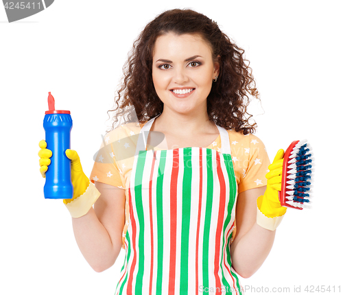 Image of Housewife with cleaning supplies