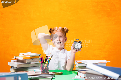Image of Teen girl with lot of books