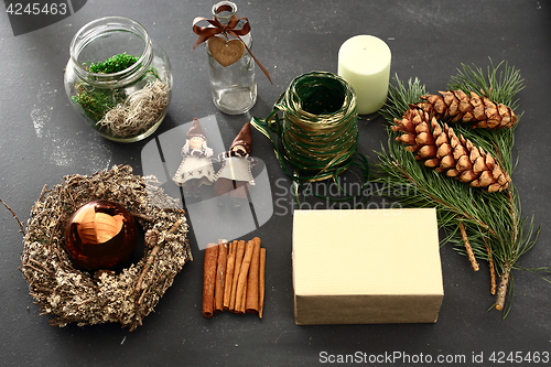 Image of Packaging holiday gifts. Christmas decorations idea of a handmade gift.