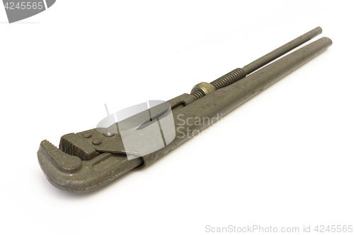 Image of Metal adjustable wrench on a white background.