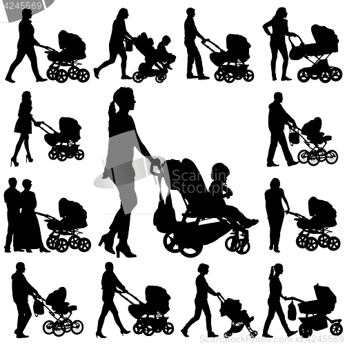 Image of Set black silhouettes Family with pram on white background. illustration