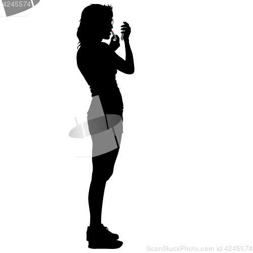 Image of Black silhouette woman paint lipstick, people on white background