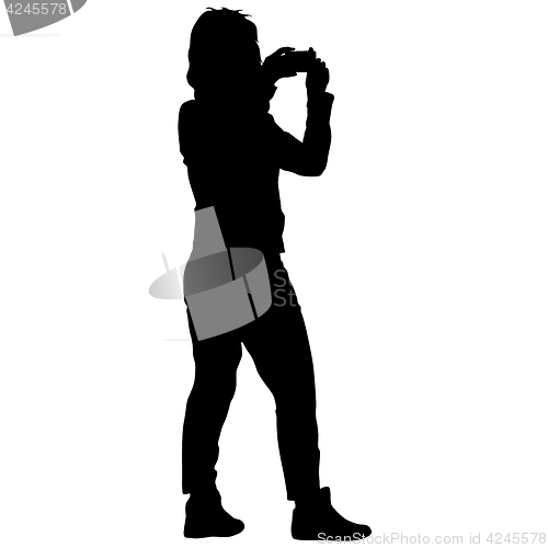 Image of Silhouettes woman taking selfie with smartphone on white background