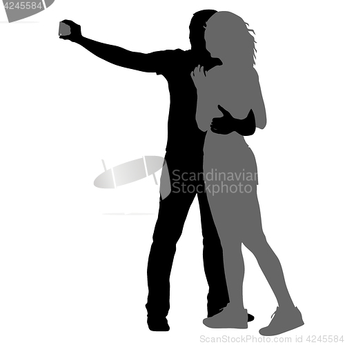 Image of Silhouettes man and woman taking selfie with smartphone on white background. illustration