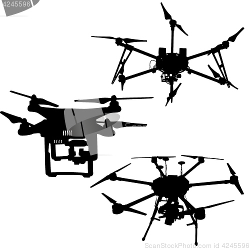 Image of Black set silhouette drone quadrocopter on white background