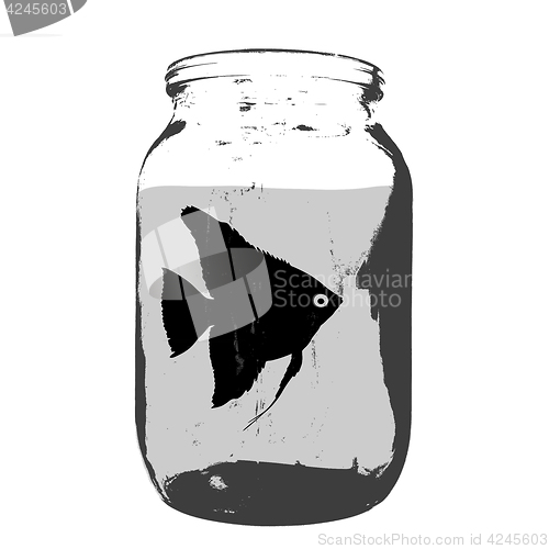 Image of Black silhouette of aquarium fish in a jar with water on white background