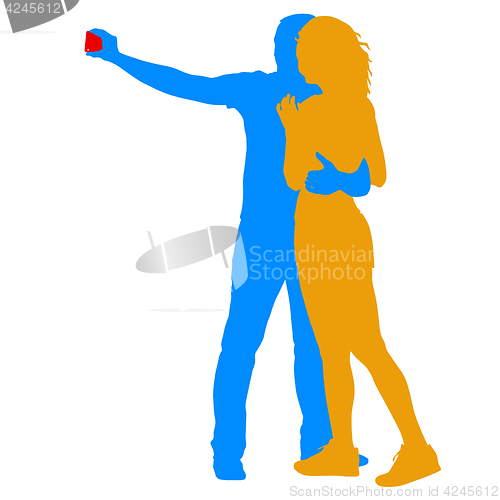 Image of Silhouettes man and woman taking selfie with smartphone on white background. illustration