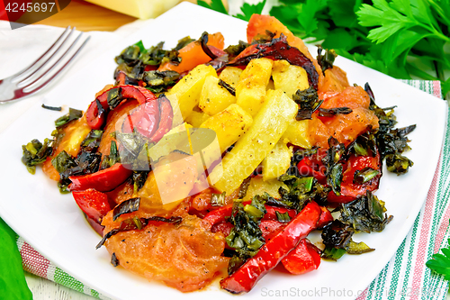 Image of Courgettes with vegetables in plate