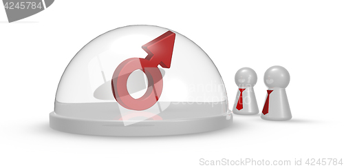 Image of male symbol under glass dome and pawns with tie - 3d rendering