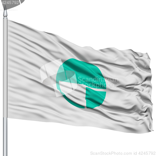 Image of Nagano Capital City Flag on Flagpole, Flying in the Wind, Isolated on White Background