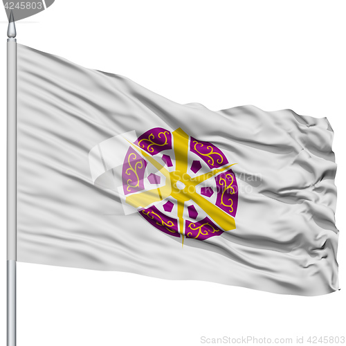 Image of Kyoto Capital City Flag on Flagpole, Flying in the Wind, Isolated on White Background