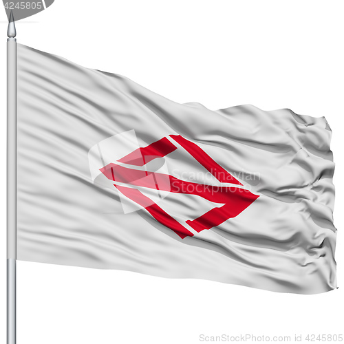 Image of Yokohama Capital City Flag on Flagpole, Flying in the Wind, Isolated on White Background