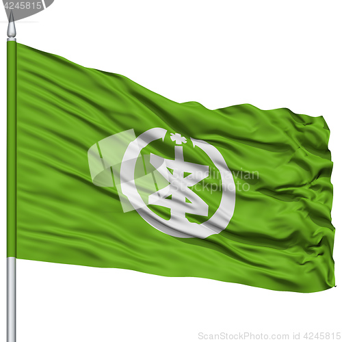 Image of Niigata Capital City Flag on Flagpole, Flying in the Wind, Isolated on White Background