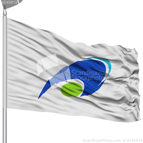Image of Tsu Mie Capital City Flag on Flagpole, Flying in the Wind, Isolated on White Background