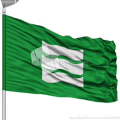 Image of Hiroshima Capital City Flag on Flagpole, Flying in the Wind, Isolated on White Background