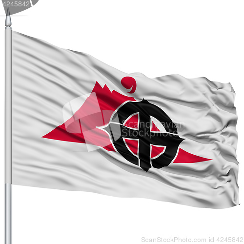 Image of Kagoshima Capital City Flag on Flagpole, Flying in the Wind, Isolated on White Background